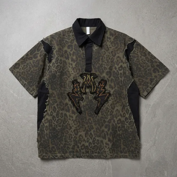 Black_And_Olive_Green_Cotton_Leopard_Print_Embellished_Collar_Shirt_For_Men