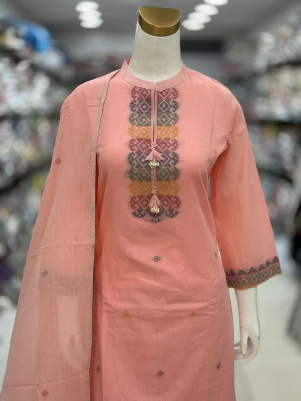 Peach_Cotton_Jamdani_Straight_Embroidered_Kurta_Set_For_Women