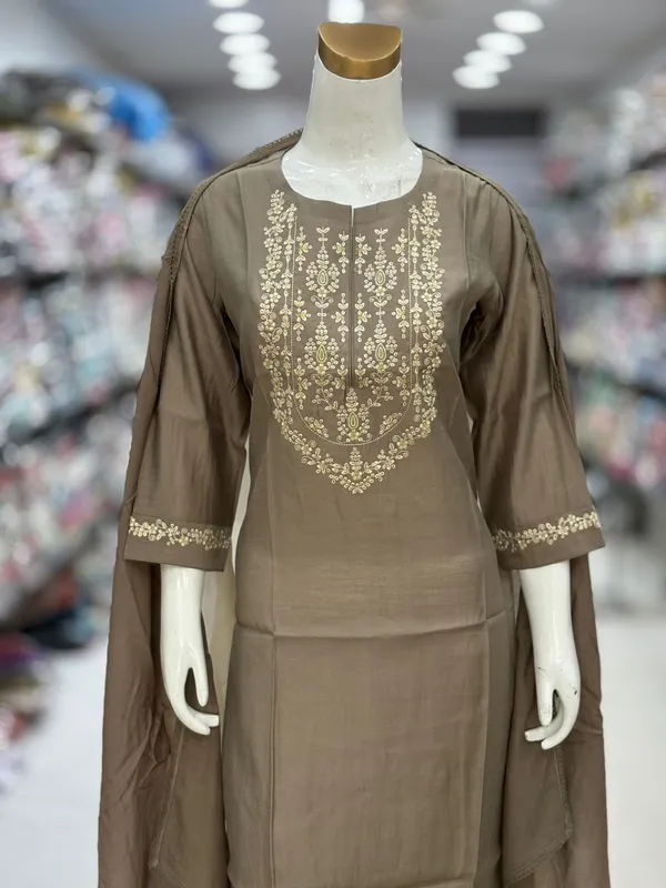 Brown_Chanderi_Silk_Straight_Embroidered_Kurta_Set_For_Women