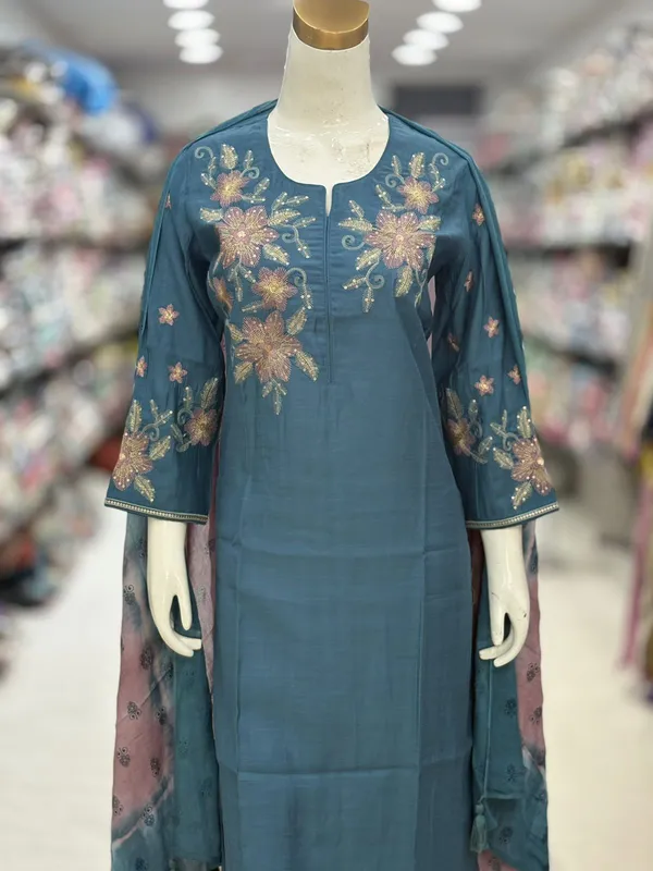 Teal_Chanderi_Embroidered_Kurta_Set_For_Women