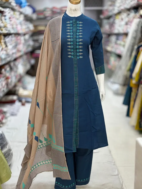 Teal_Blue_Cotton_Handloom_Straight_Embroidered_Kurta_Set_For_Women