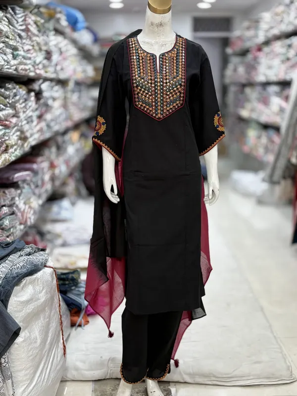 Black_Cotton_Handloom_Embroidered_Kurta_Set_For_Women