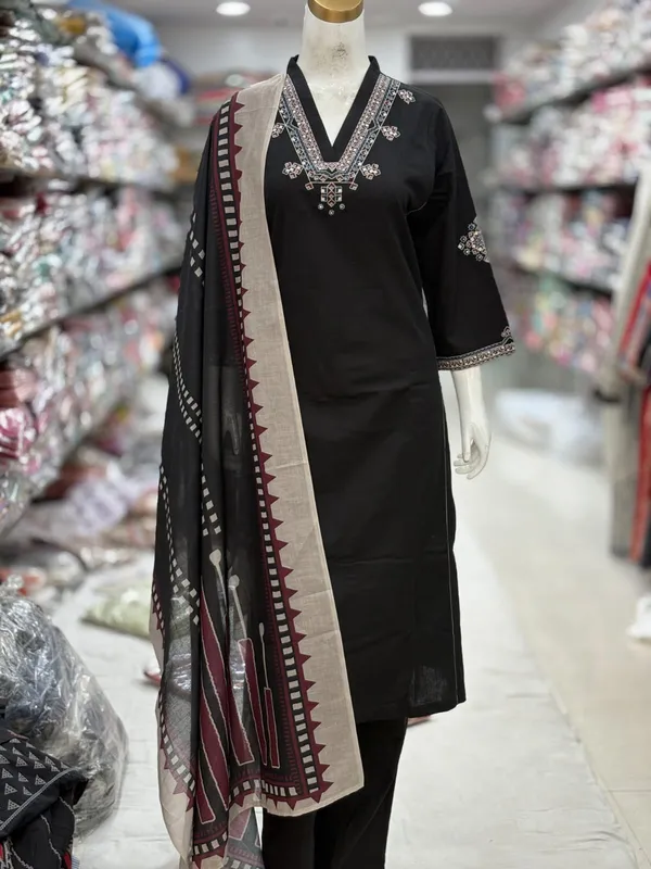 Black_Cotton_Handloom_Straight_Embroidered_Kurta_Set_For_Women