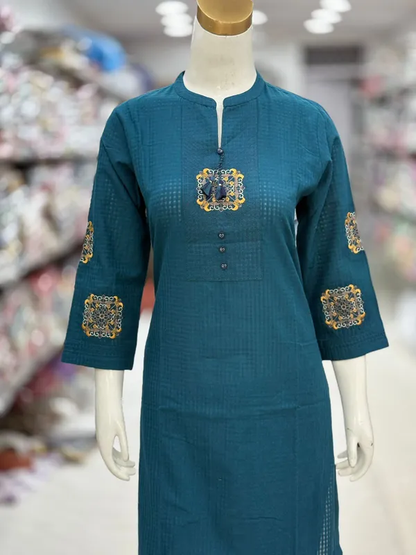 Teal_Cotton_Embellished_Straight_Kurta_Set_For_Women