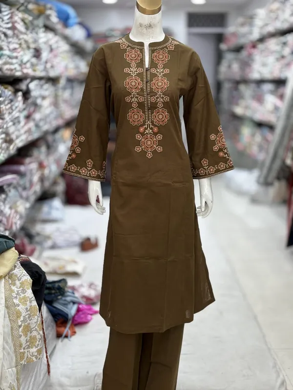 Brown_Cotton_Handloom_Embroidered_Straight_Kurta_Set_For_Women