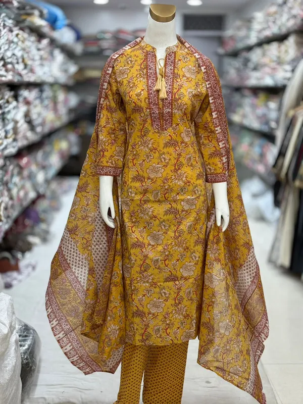 Mustard_Yellow_Cotton_Straight_Floral_Print_Kurta_Set_For_Women