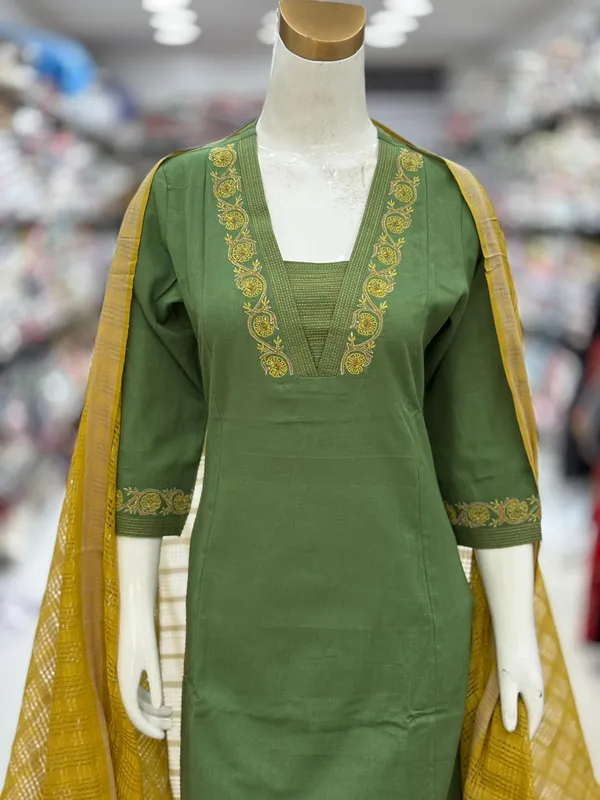 Green_Cotton_Handloom_Straight_Embroidered_Kurta_Set_For_Women