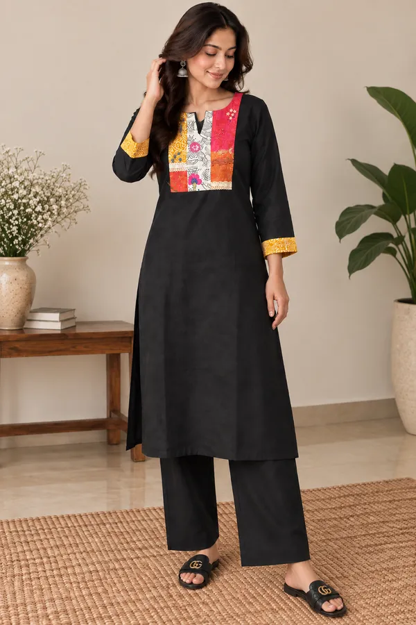 Black_Pure_Cotton_Kurta_with_artesian_patch_work