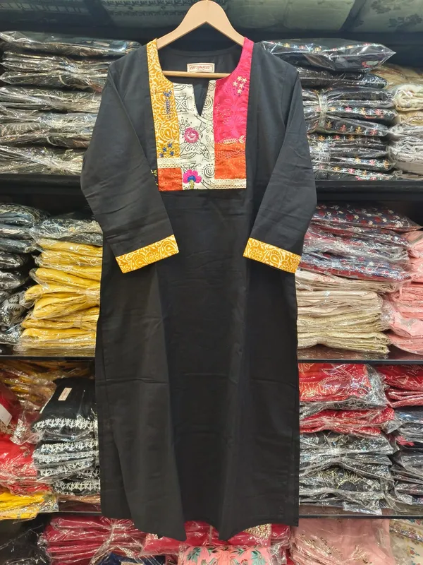 Black_Pure_Cotton_Kurta_with_artesian_patch_work