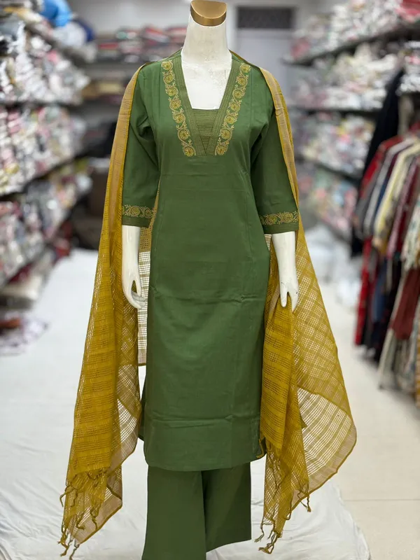 Green_Cotton_Handloom_Straight_Embroidered_Kurta_Set_For_Women