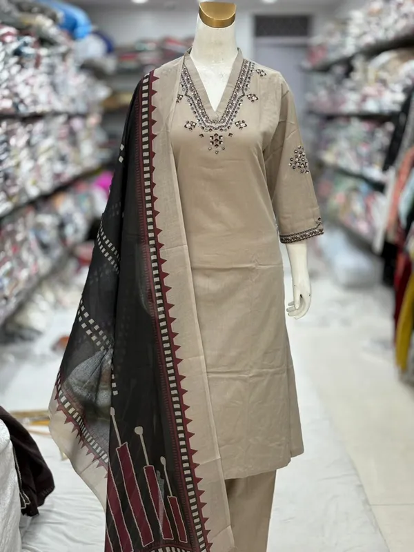 Beige_Embroidered_Cotton_Kurta_Set_With_Black_Dupatta