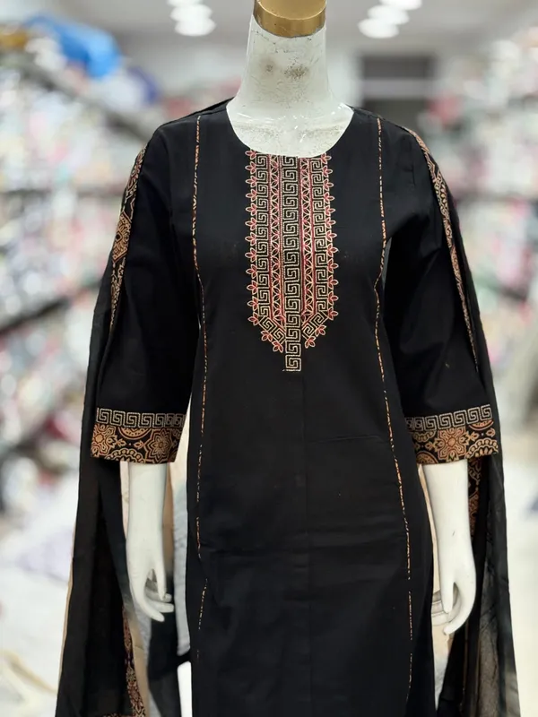 Black_Cotton_Handloom_Embroidered_Straight_Kurta_Set_For_Women