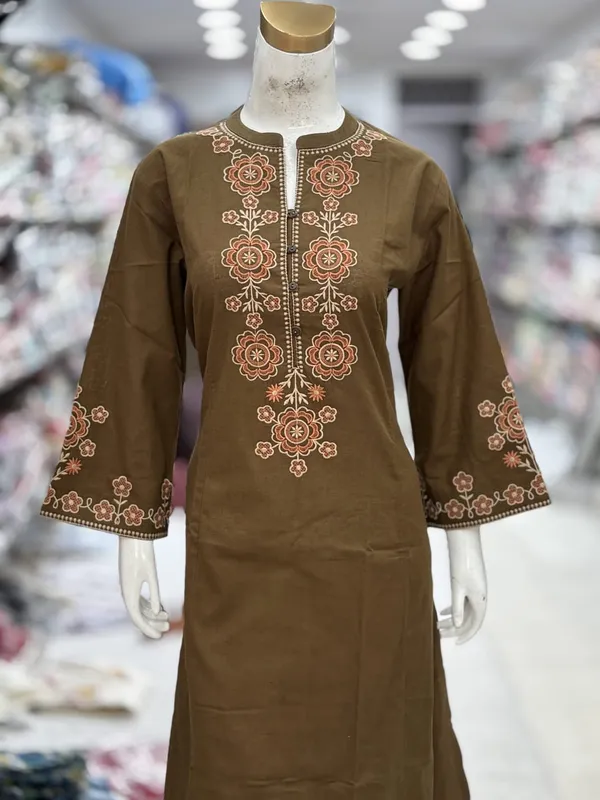 Brown_Cotton_Handloom_Embroidered_Straight_Kurta_Set_For_Women