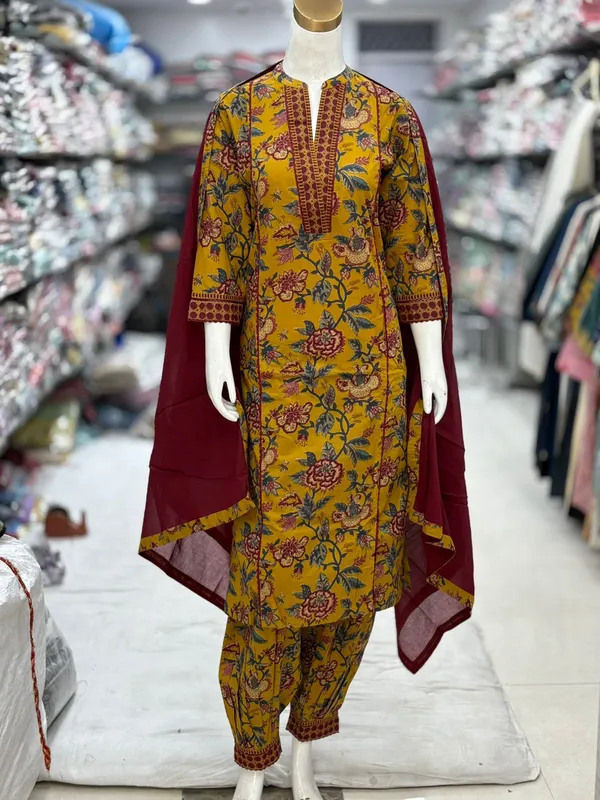 Mustard_Cotton_Straight_Floral_Print_Kurta_Set_For_Women