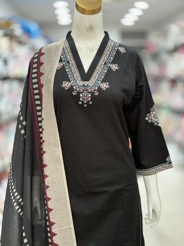 Black_Cotton_Handloom_Straight_Embroidered_Kurta_Set_For_Women
