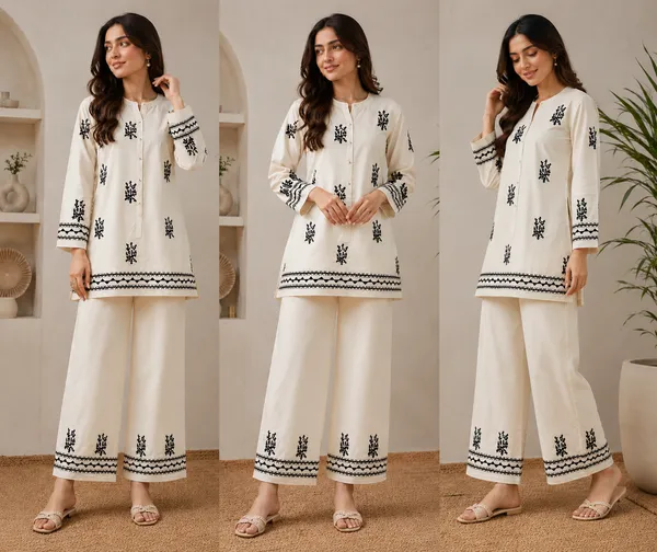 Ivory/Off_white_Co-ord_set_with_Black_Embroidery_
