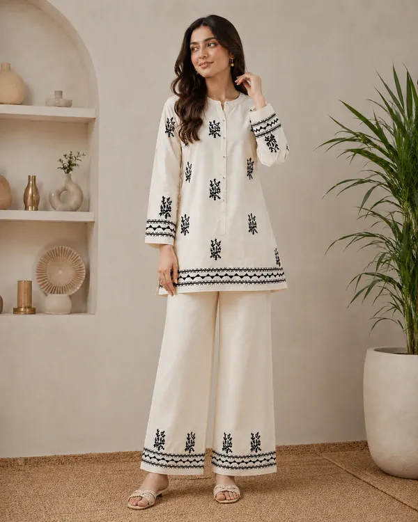 Ivory/Off_white_Co-ord_set_with_Black_Embroidery_