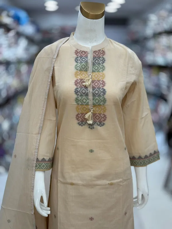 Beige_Cotton_Jamdani_Embroidered_Kurta_Set_For_Women