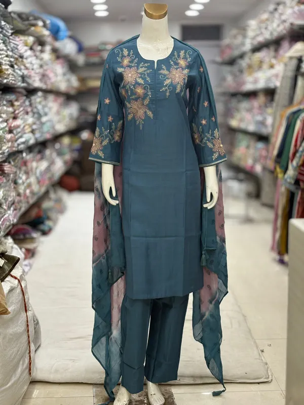 Teal_Chanderi_Embroidered_Kurta_Set_For_Women