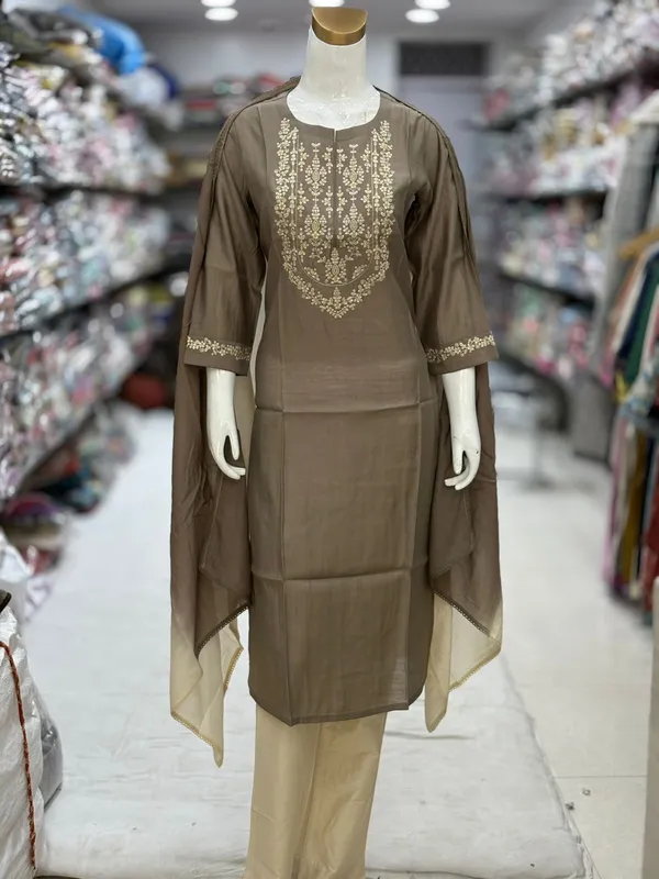 Brown_Chanderi_Silk_Straight_Embroidered_Kurta_Set_For_Women