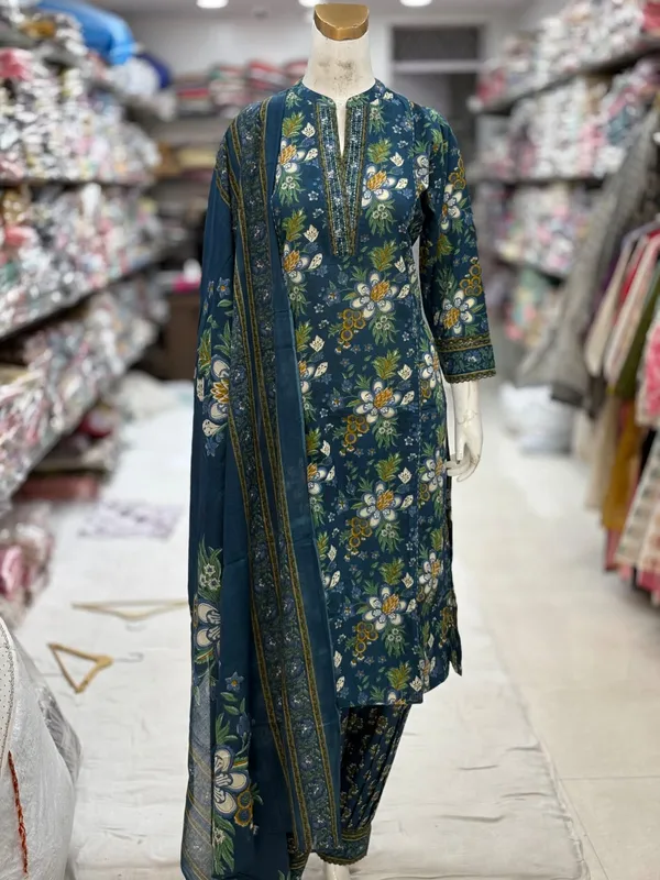 Teal_Blue_Cotton_Floral_Printed_Kurta_Set_For_Women