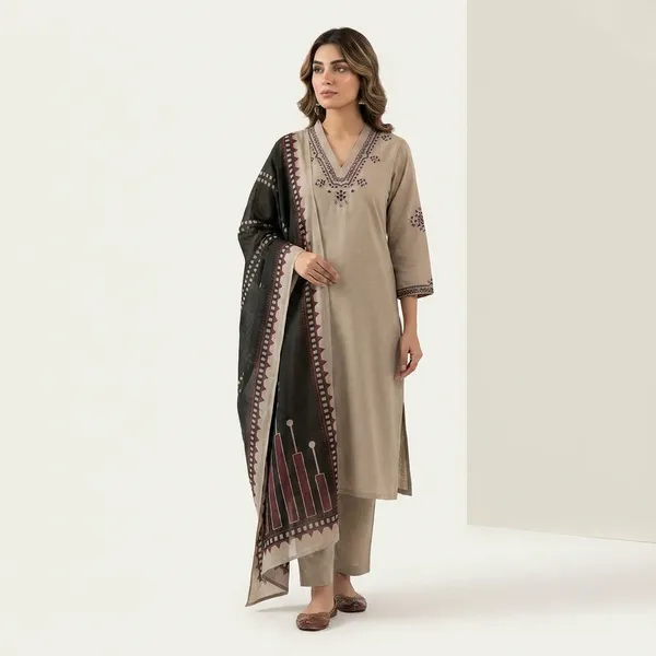 Beige_Embroidered_Cotton_Kurta_Set_With_Black_Dupatta