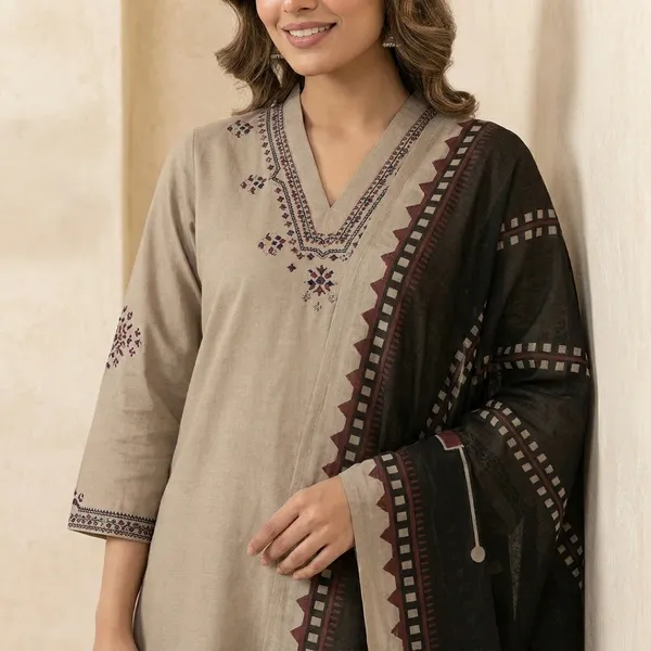 Beige_Embroidered_Cotton_Kurta_Set_With_Black_Dupatta