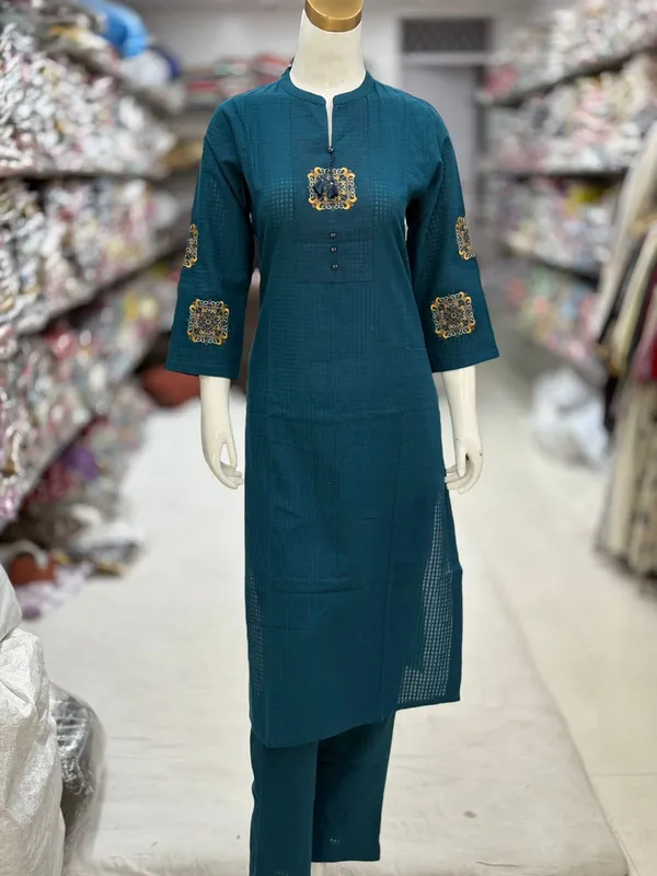 Teal_Cotton_Embellished_Straight_Kurta_Set_For_Women