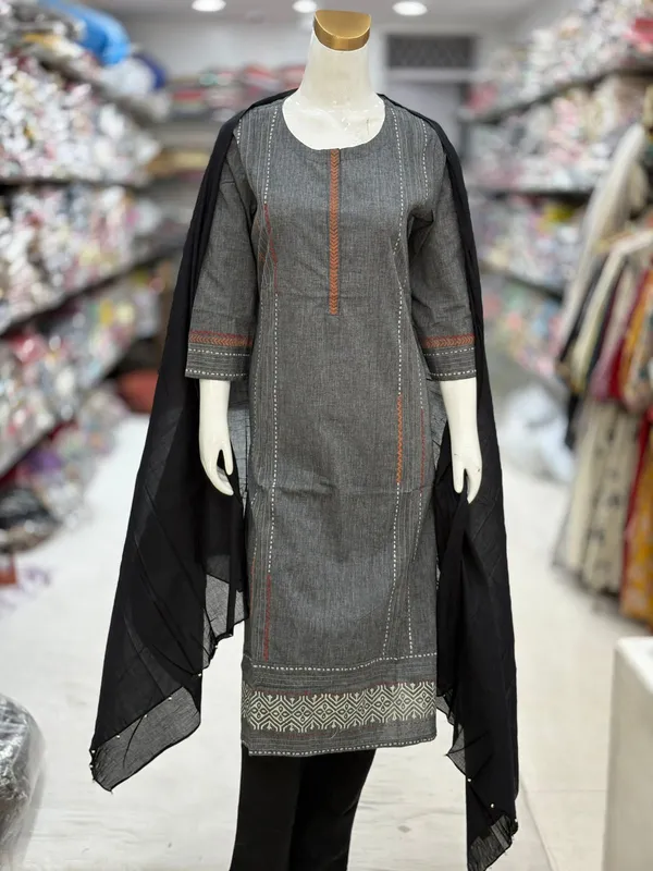 Grey_Cotton_Handloom_Embroidered_Kurta_Set_For_Women