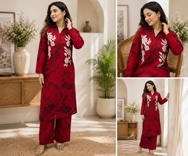 Red_floral_print_embroidered_Coord_set_