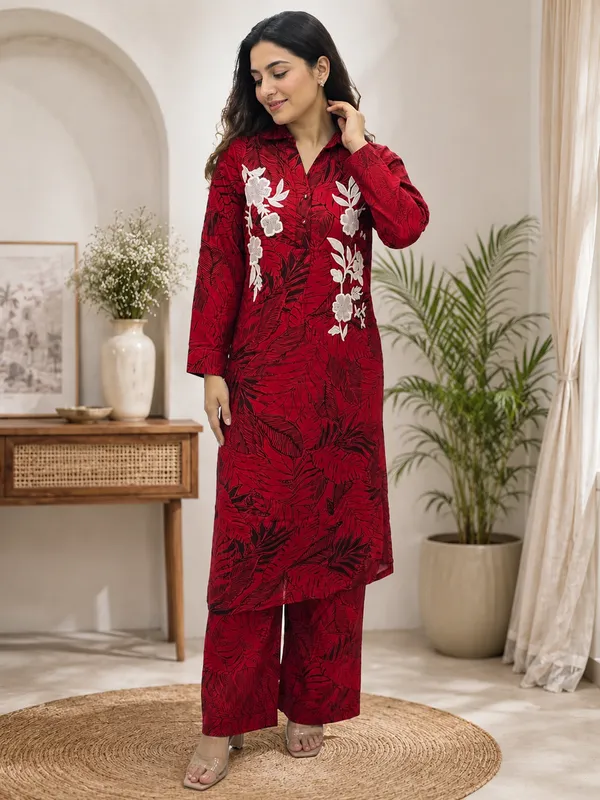 Red_floral_print_embroidered_Coord_set_