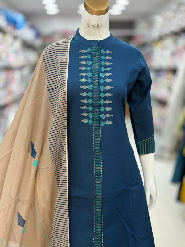 Teal_Blue_Cotton_Handloom_Straight_Embroidered_Kurta_Set_For_Women