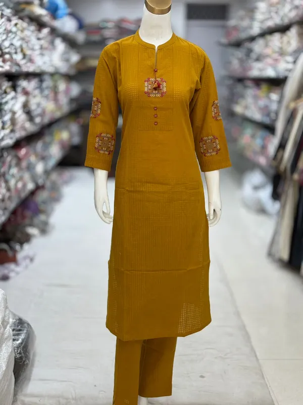 Mustard_Cotton_Embroidered_Straight_Kurta_Set_For_Women
