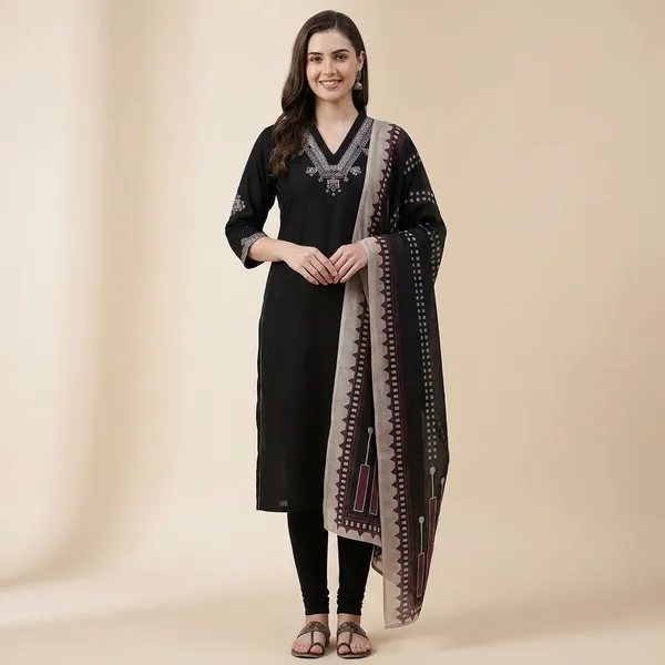 Black_Cotton_Handloom_Straight_Embroidered_Kurta_Set_For_Women