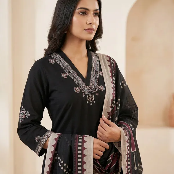 Black_Cotton_Handloom_Straight_Embroidered_Kurta_Set_For_Women
