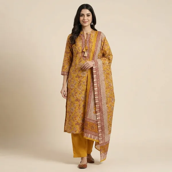Mustard_Yellow_Cotton_Straight_Floral_Print_Kurta_Set_For_Women