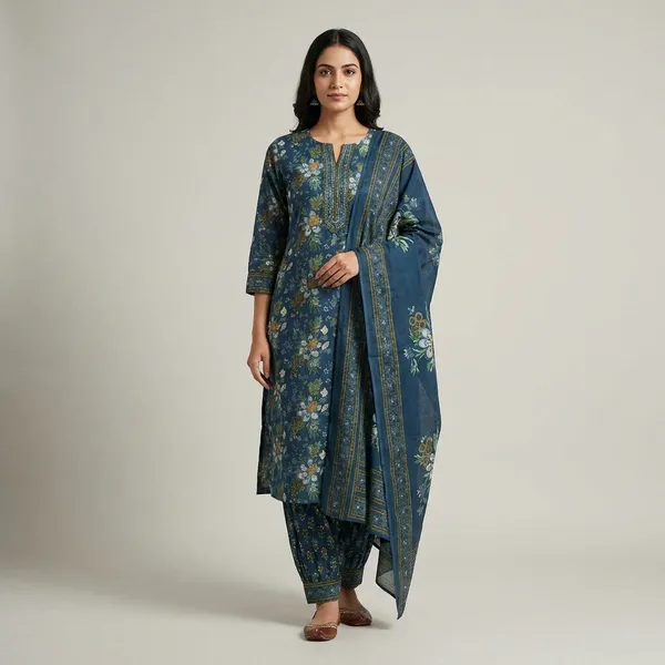 Teal_Blue_Cotton_Floral_Printed_Kurta_Set_For_Women