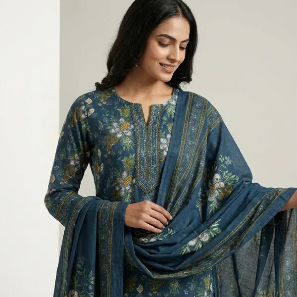 Teal_Blue_Cotton_Floral_Printed_Kurta_Set_For_Women
