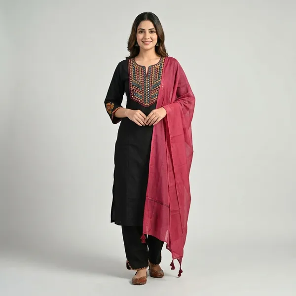 Black_Cotton_Handloom_Embroidered_Kurta_Set_For_Women