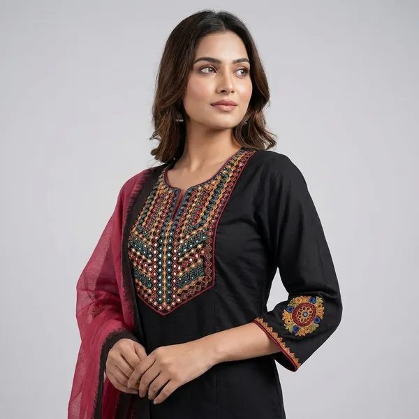 Black_Cotton_Handloom_Embroidered_Kurta_Set_For_Women
