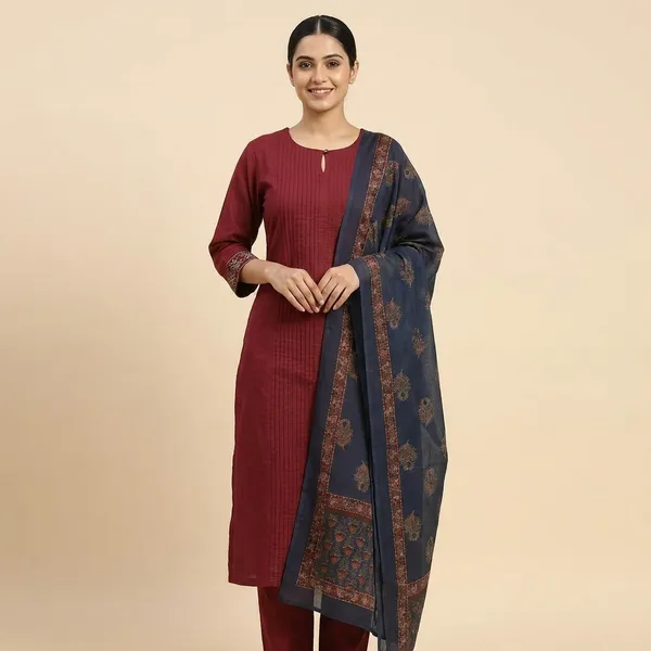 Maroon_Cotton_Silk_Pintuck_Embroidered_Kurta_Set_For_Women