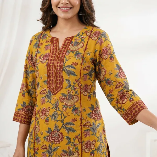 Mustard_Cotton_Straight_Floral_Print_Kurta_Set_For_Women