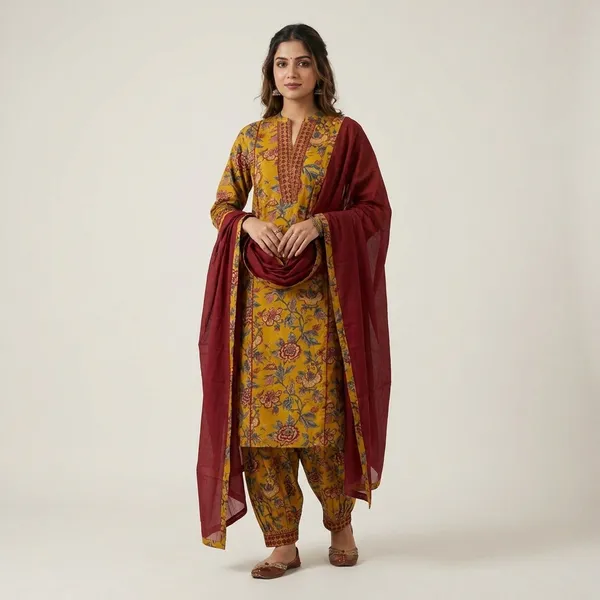 Mustard_Cotton_Straight_Floral_Print_Kurta_Set_For_Women