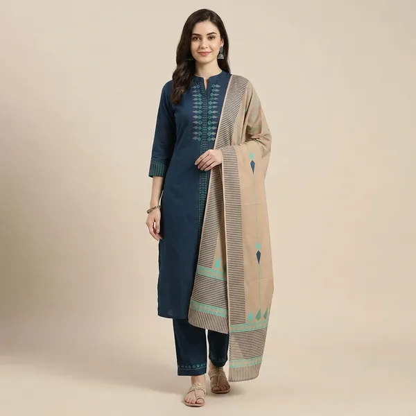 Teal_Blue_Cotton_Handloom_Straight_Embroidered_Kurta_Set_For_Women