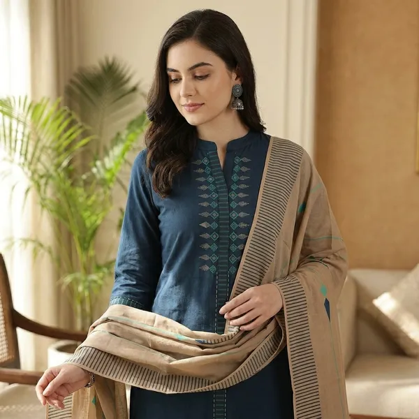Teal_Blue_Cotton_Handloom_Straight_Embroidered_Kurta_Set_For_Women