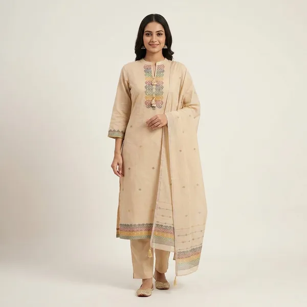 Beige_Cotton_Jamdani_Embroidered_Kurta_Set_For_Women