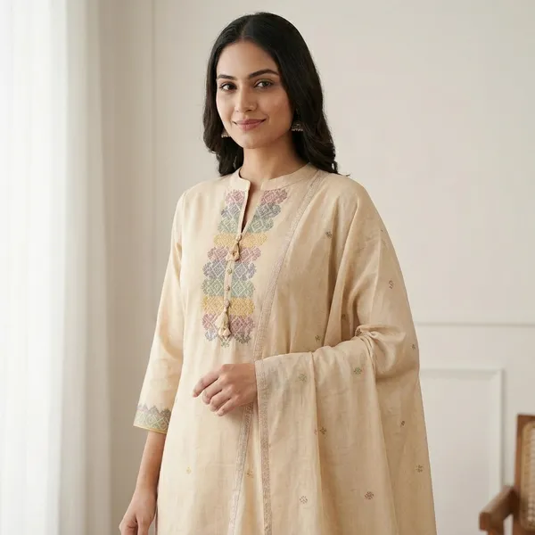 Beige_Cotton_Jamdani_Embroidered_Kurta_Set_For_Women