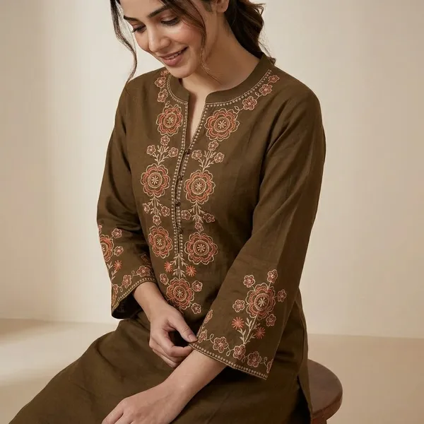 Brown_Cotton_Handloom_Embroidered_Straight_Kurta_Set_For_Women