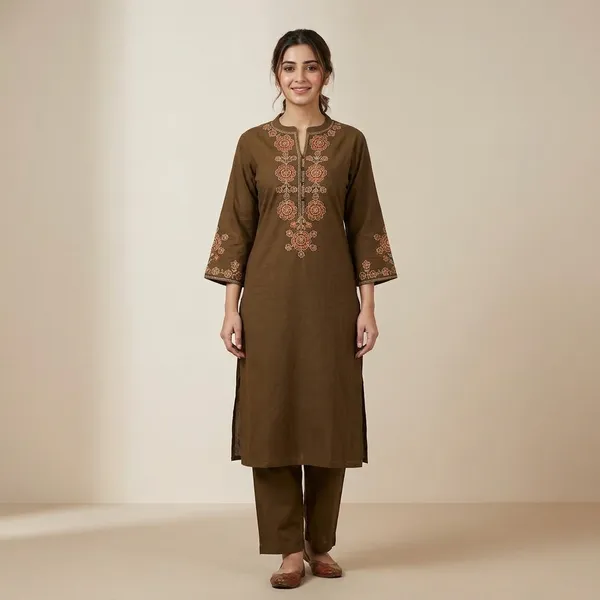 Brown_Cotton_Handloom_Embroidered_Straight_Kurta_Set_For_Women