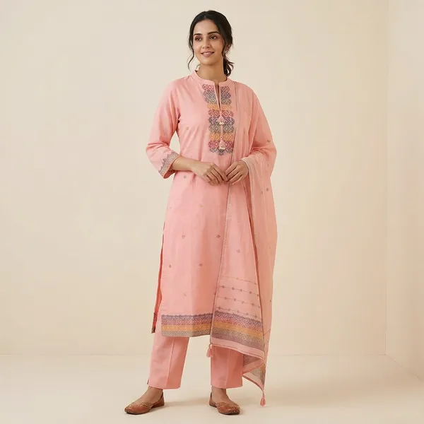 Peach_Cotton_Jamdani_Straight_Embroidered_Kurta_Set_For_Women